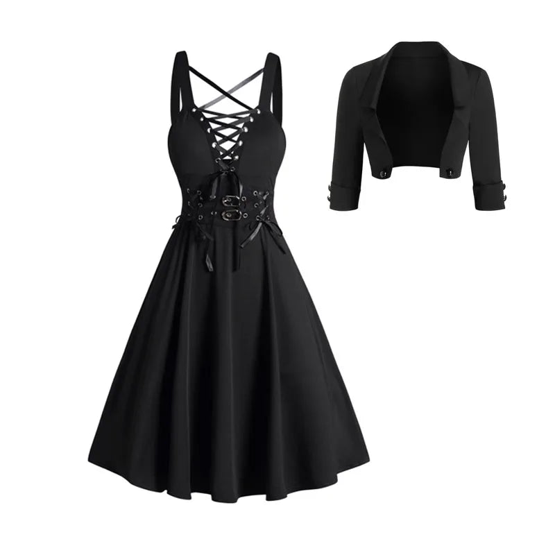 Solid Color Open Front Crop Jacket and Lace Up Buckle Strap Crisscross Dress