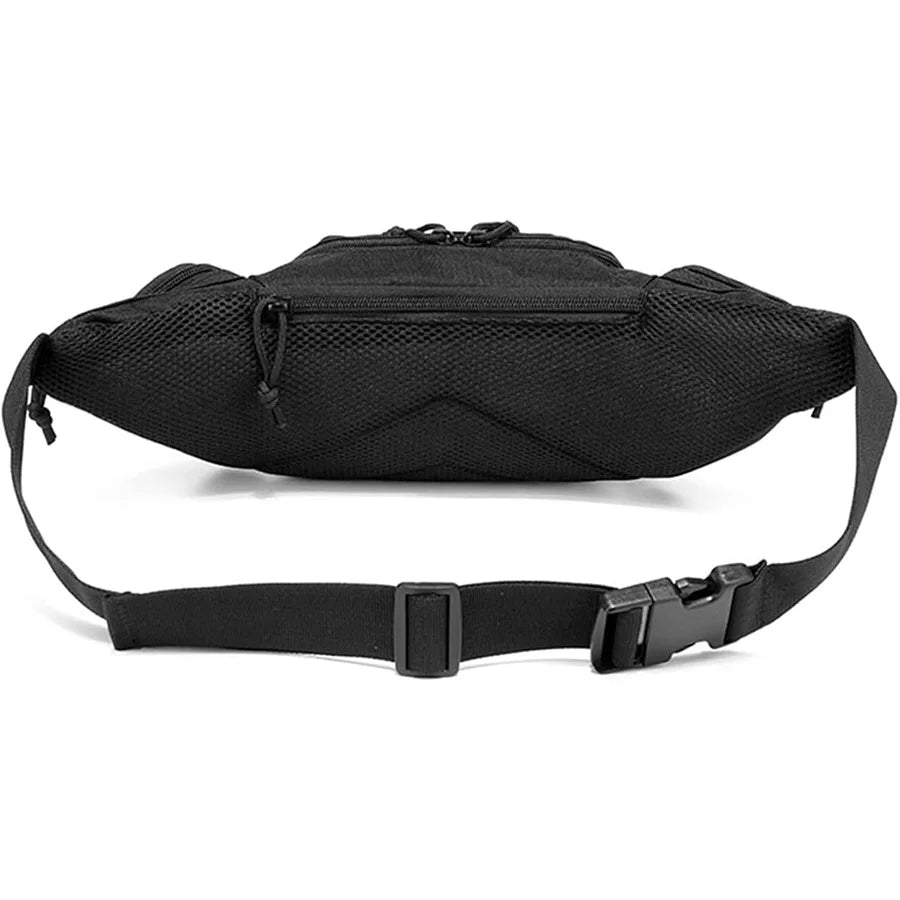 Nylon minimal utility waist bag with adjustable strap, urban streetwear style, compact design, and multiple compartments.