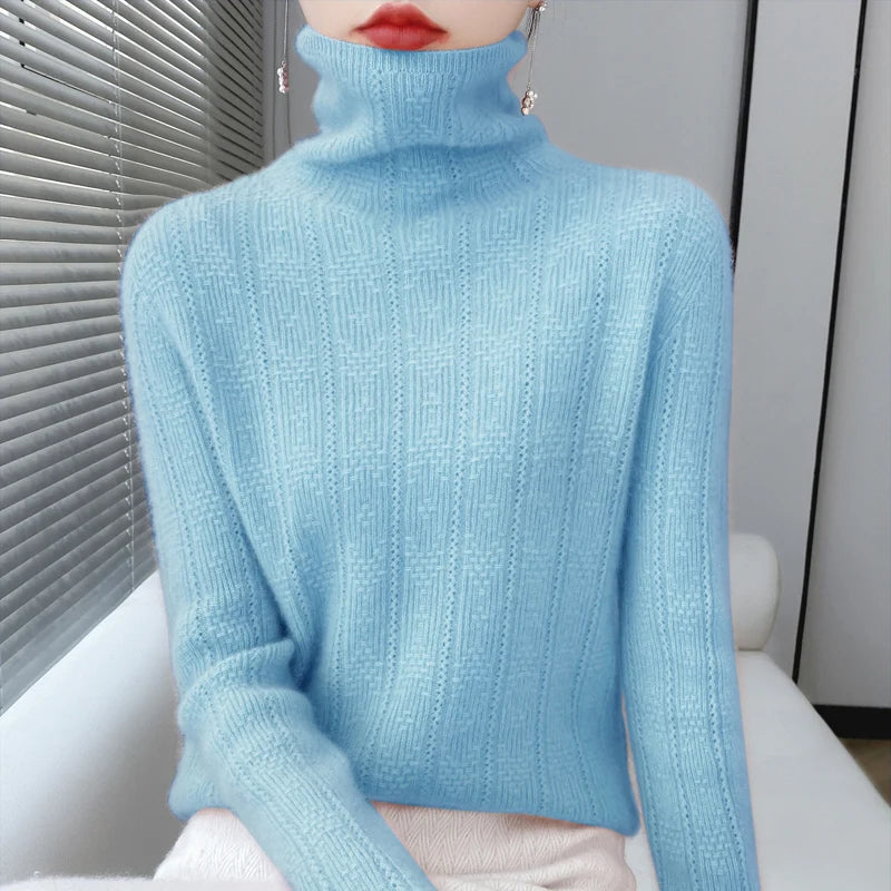YTFidio 100% Wool Women Three Dimensional Hollow Pile Collar Long Sleeve Sweaters Solid Pullover Knitwear Basic 96 - Craftklart.store