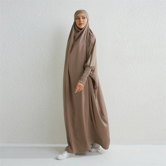 Women's Urban Flowing Hooded Abaya  with Smocking Sleeve One-piece