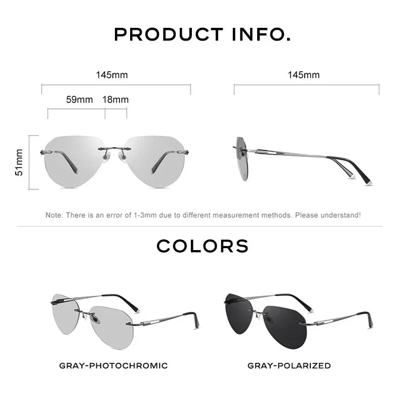 Branded Rimless Men's Sunglasses Polarized Photochromic UV400 - Premium Sunglasses from Craftklart Dropship - Just $39.99! Shop now at Craftklart.store