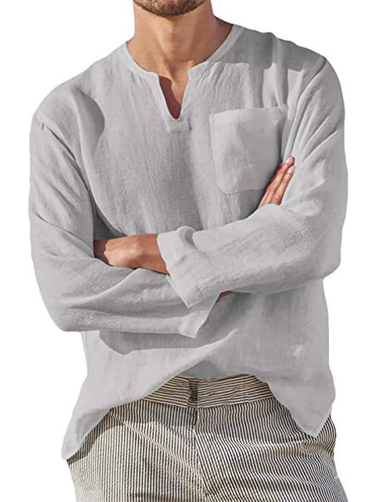 Men's Cotton Linen V-Neck Loose Pullover Tops - Premium Longsleeve Top from Craftklart Dropship - Just $13.89! Shop now at Craftklart.store