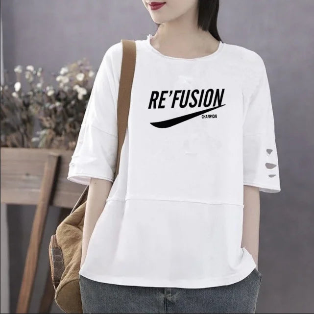 Women's 100% Cotton Large Size Korean Half Sleeved Loose T-shirt - Premium T-Shirt from Craftklart Dropship - Just $17.05! Shop now at Craftklart.store