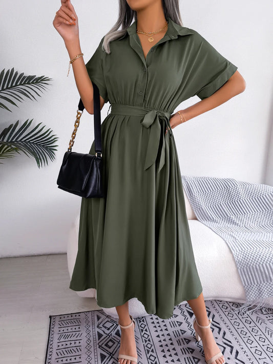 Women Summer Casual Short Sleeve Slim Waist Shirt Dress