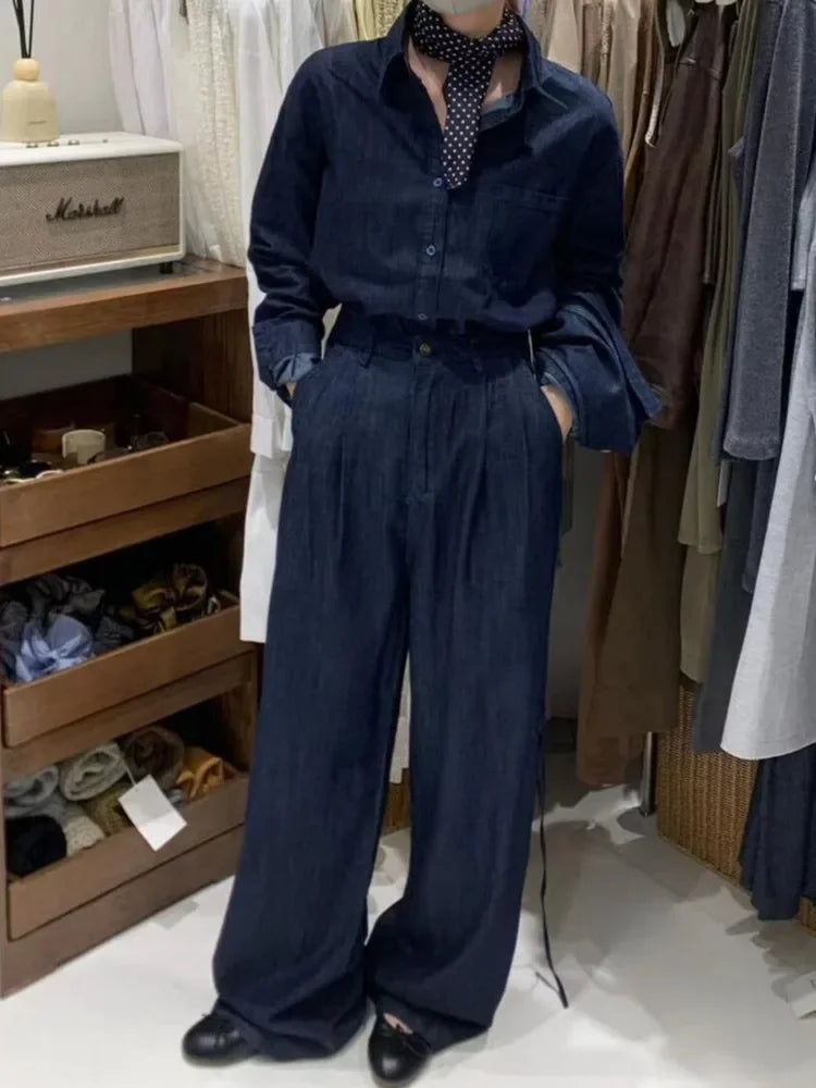 Women's Urban Chic Single-breasted Casual Long-sleeved Denim Shirt Set