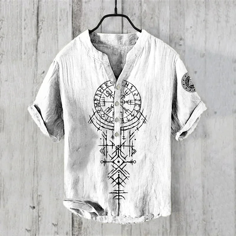 Men's casual Hawaiian linen short sleeve shirt with V-neck, crafted by Craftklart Dropship, featuring a relaxed, breathable design.