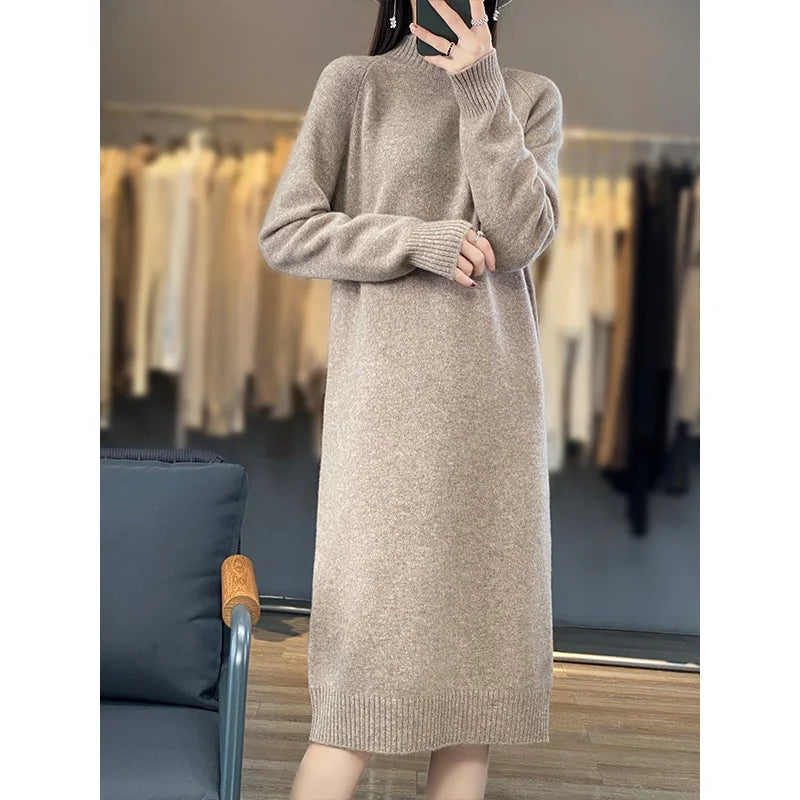 New Women Long Sweater Dress 100% Merino Wool Long Dress Autumn Winter Mock Neck Quality Cashmere Knitwear Basic Grace Dress - Craftklart.store