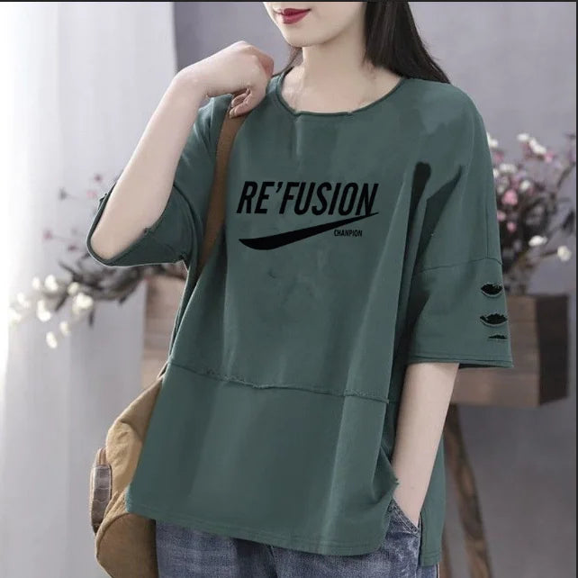 Women's 100% Cotton Large Size Korean Half Sleeved Loose T-shirt - Premium T-Shirt from Craftklart Dropship - Just $17.05! Shop now at Craftklart.store