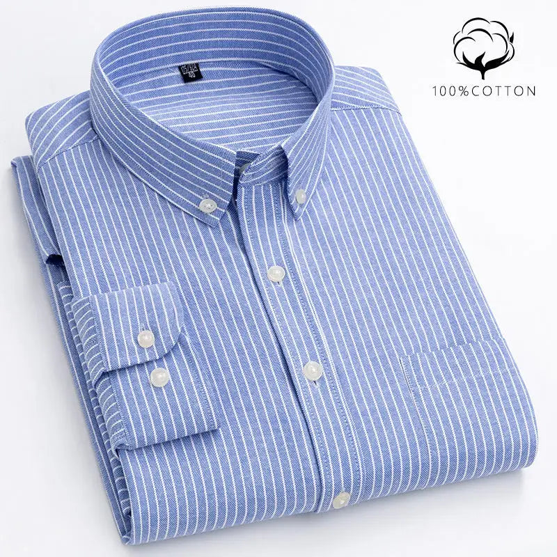 New 100% Cotton Oxford Shirt Men's Long Sleeve Striped Plaid Casual Shirts Korean Clothes High Quality Business Dress Shirt Grey - Premium  from Craftklart.store - Just $14.56! Shop now at Craftklart.store