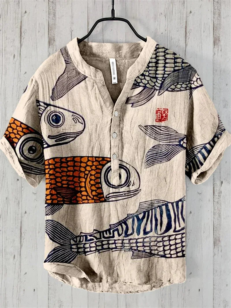 Men's casual Hawaiian linen short sleeve shirt with V-neck, lightweight and breathable, by Craftklart Dropship.