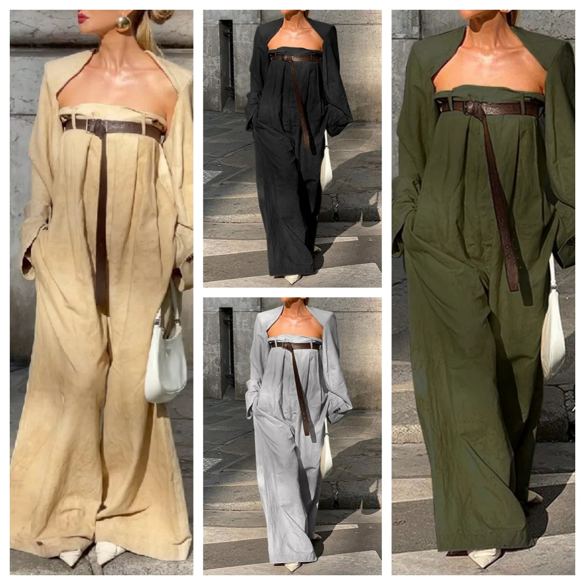 Women's 2024 New  Outerwear Top + Wide Leg Belted Jumpsuits Set - Premium Sets from Craftklart Dropship - Just $32.45! Shop now at Craftklart.store