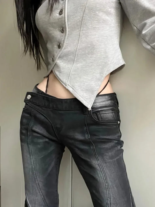 Black Gray American Street Low-waisted Flare Denim Pants - Premium Jeans from Craftklart Dropship - Just $27.41! Shop now at Craftklart.store