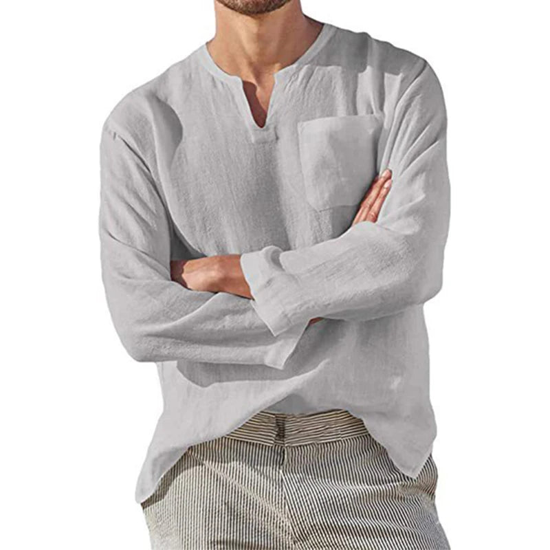 Men's Cotton Linen V-Neck Loose Pullover Tops - Premium Longsleeve Top from Craftklart Dropship - Just $13.89! Shop now at Craftklart.store