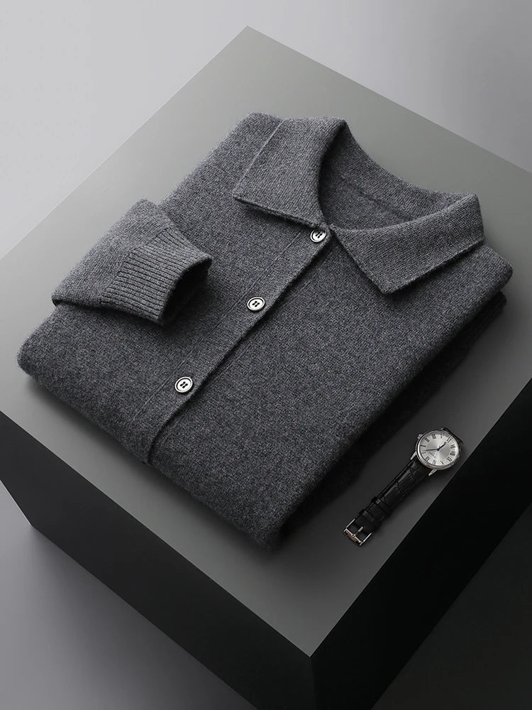 Men's 100% Merino Wool Knitwear Polo Collar Button Pockets Cashmere Cardigan - Premium Cardigan from Craftklart.store - Just $52.14! Shop now at Craftklart.store