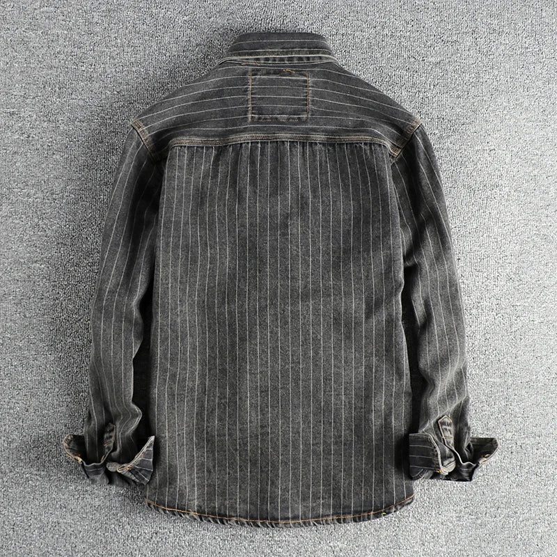 Heavy Urban Men's British Black Grey Striped Denim Shirt