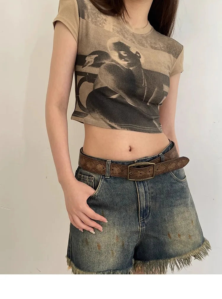 Pattern Print Buckle Pin Waist Belt Female Pu Leather