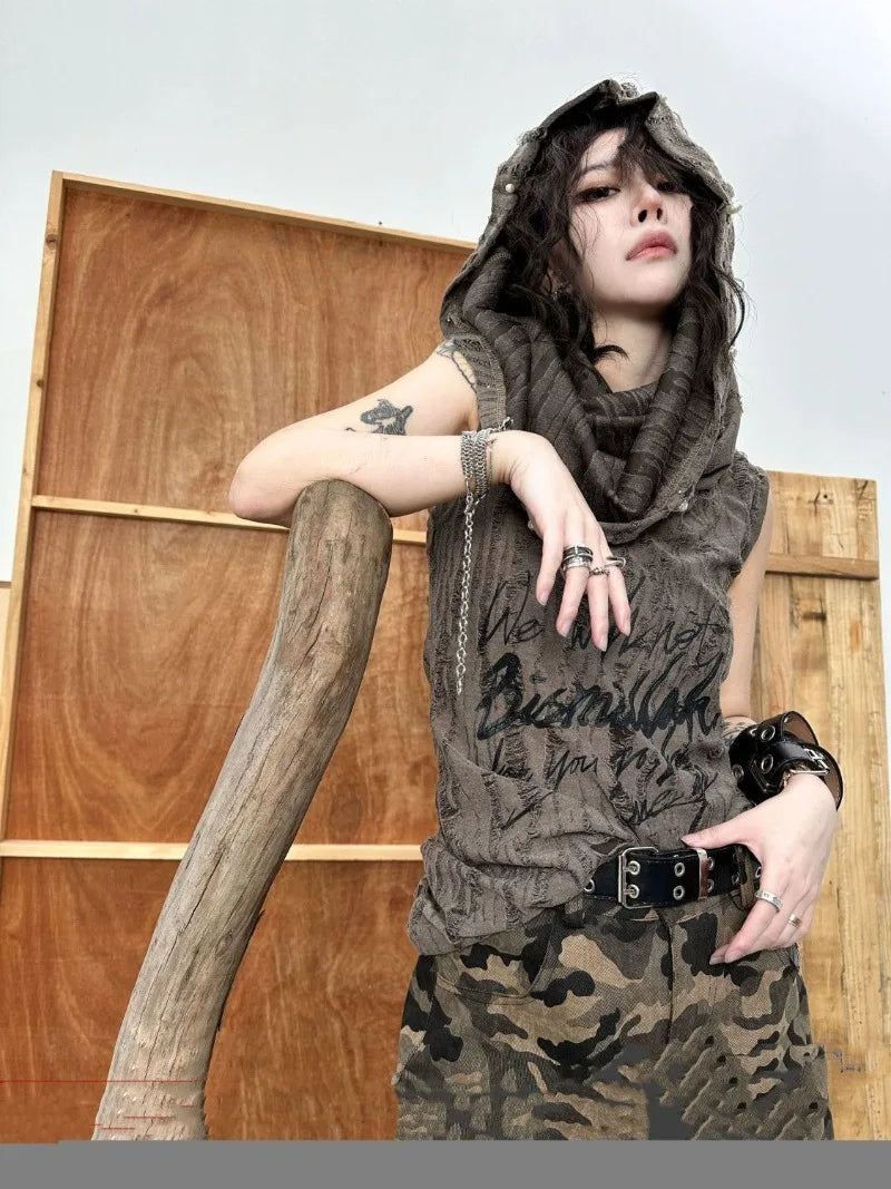 Y2K Streetwear Loose Retro Sleeveless Hooded T-shirt - Premium Hoodie from Craftklart Dropship - Just $24.39! Shop now at Craftklart.store