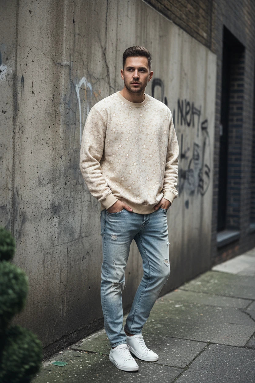 Men's round neck urban sweater by Craftklart Dropship, featuring a stylish fit and casual design, shown in a close-up front view.