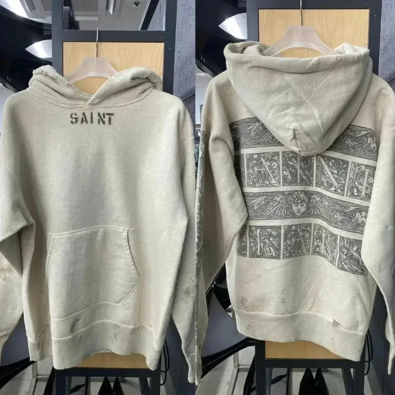 Heavyweight Cotton Black Saint Hoodies Set Hiphop Street Sheep Retro Print Letter Slogan Hoody Casual Pants Men Women Tracksuit