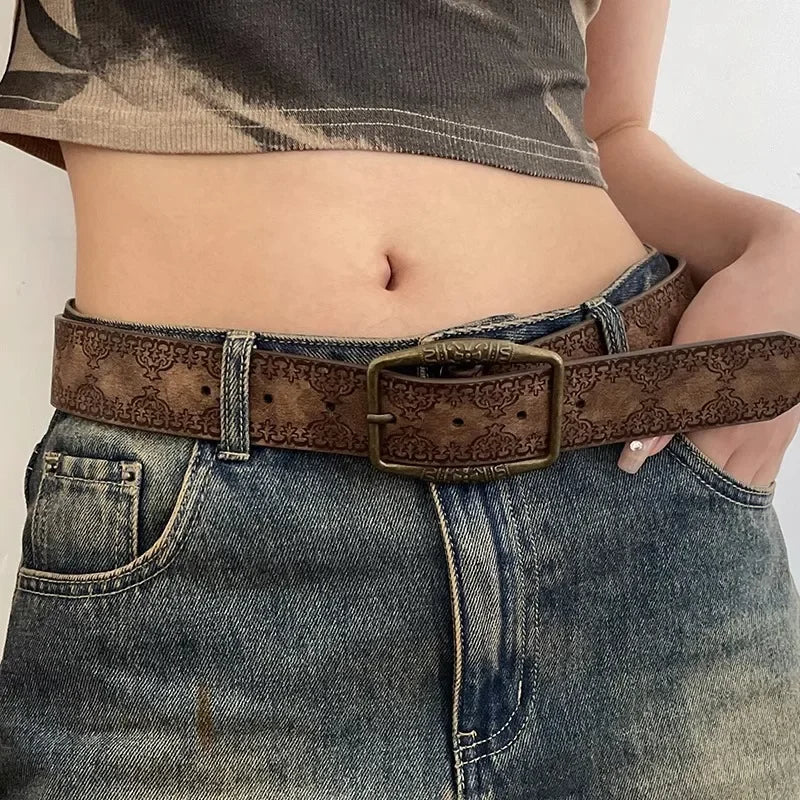 Pattern Print Buckle Pin Waist Belt Female Pu Leather