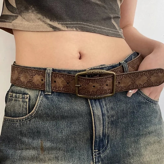 Pattern Print Buckle Pin Waist Belt Female Pu Leather