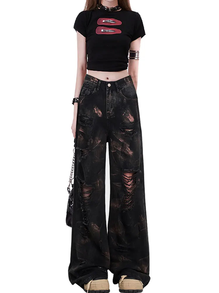 Women's Black Gothic Y2k Ripped Jeans Baggy - Premium Jeans from Craftklart Dropship - Just $34.10! Shop now at Craftklart.store