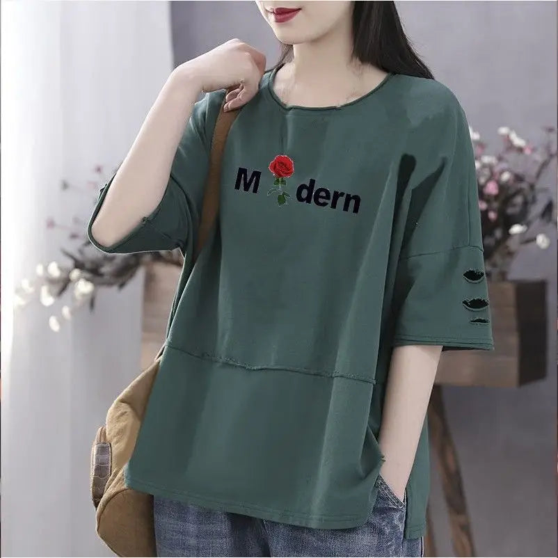 Women's 100% Cotton Large Size Korean Half Sleeved Loose T-shirt - Premium T-Shirt from Craftklart Dropship - Just $17.05! Shop now at Craftklart.store