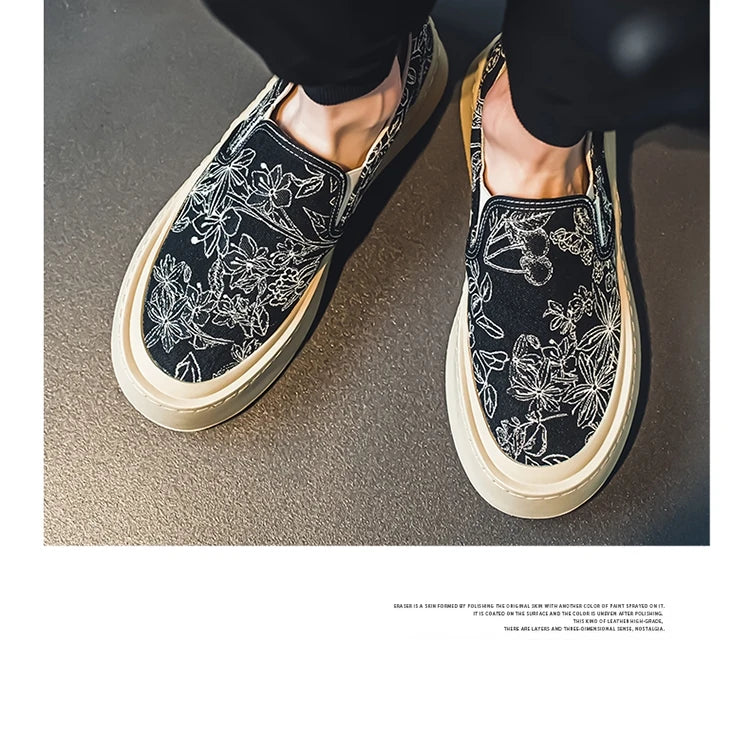 Men's Canvas Floral Thick Sole Loafers