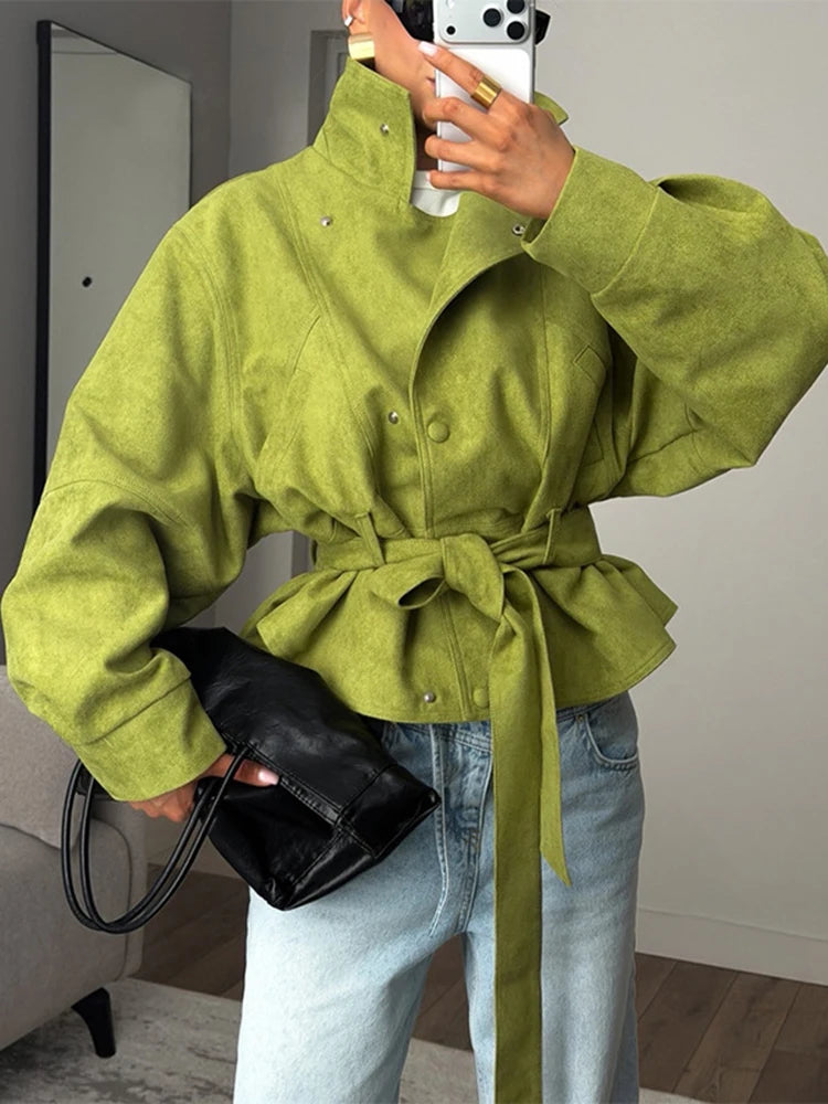 Craftklart oversized belted puff sleeve women's streetwear jacket, stylish coat with a fitted waist and puffed sleeves.
