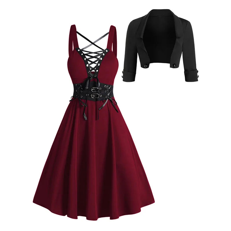 Solid Color Open Front Crop Jacket and Lace Up Buckle Strap Crisscross Dress