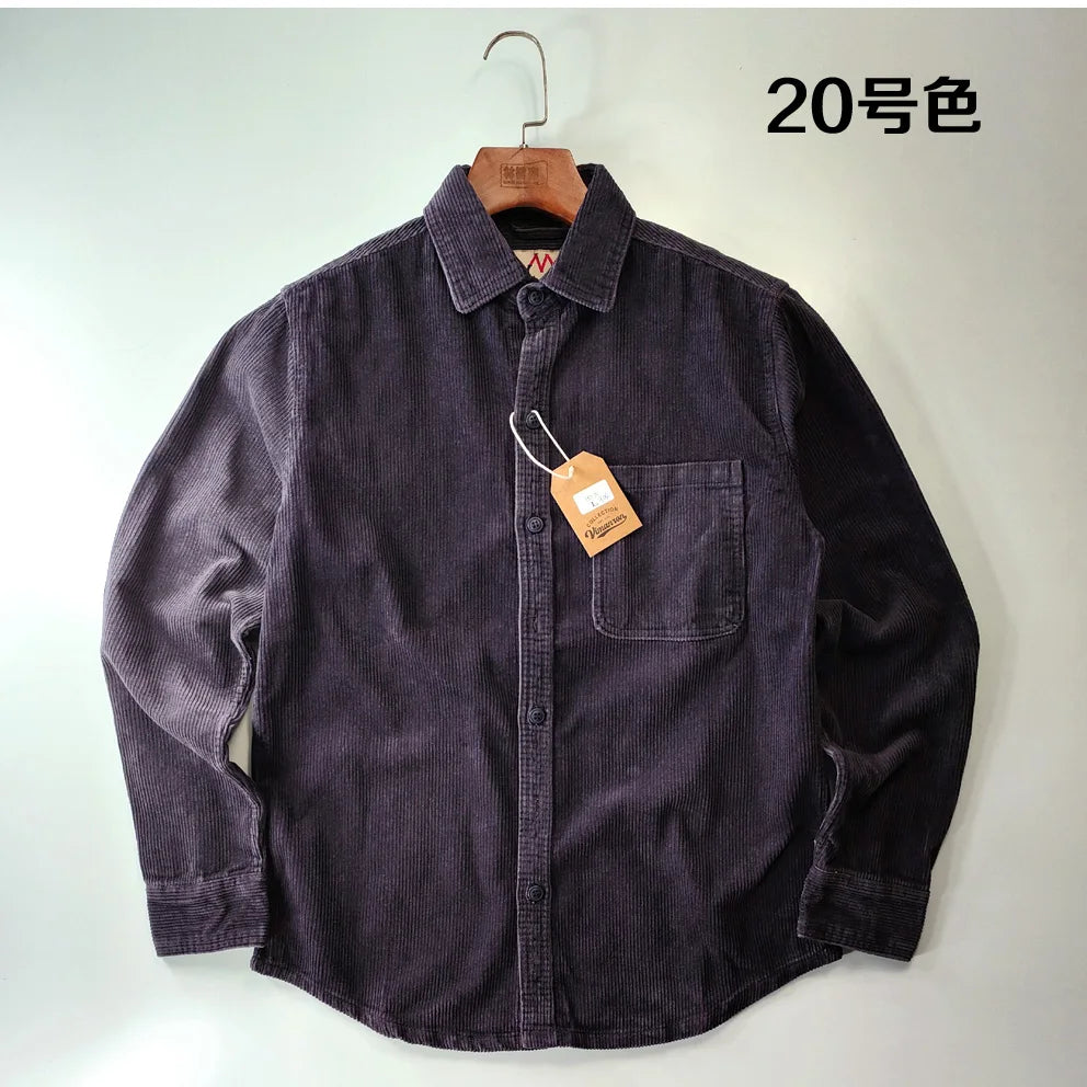 Corduroy Men's Fashion 100% Cotton Washed Single Pocket Shirt