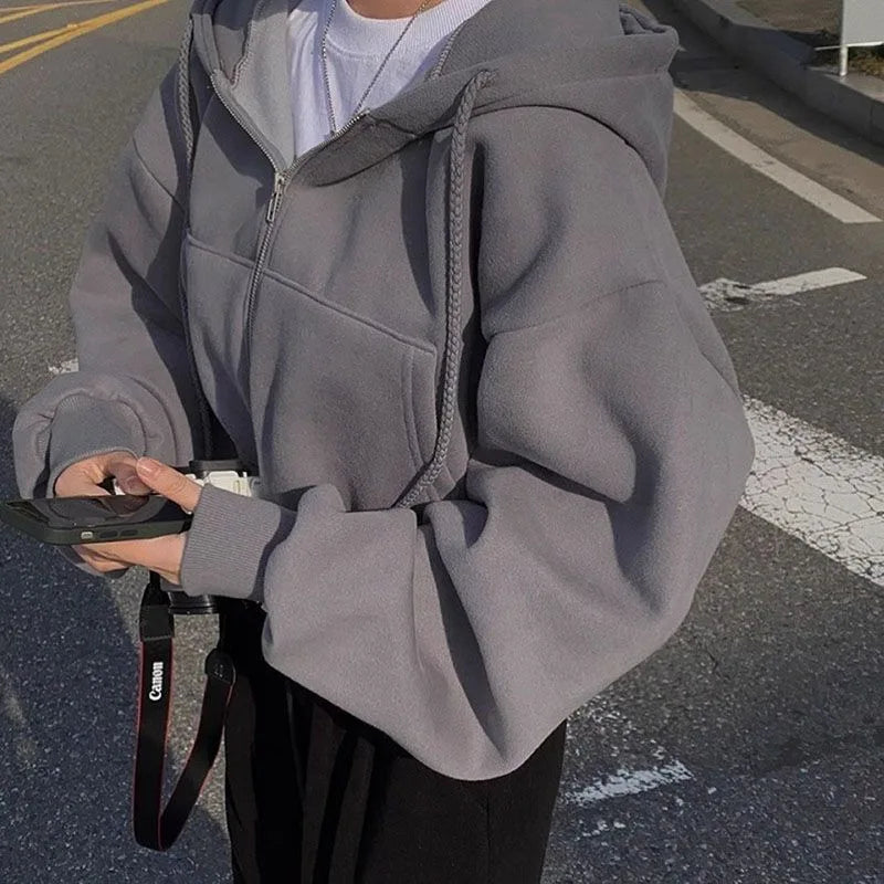 Women Urban Casual Fleece Lined Loose  Zipper Hoodie