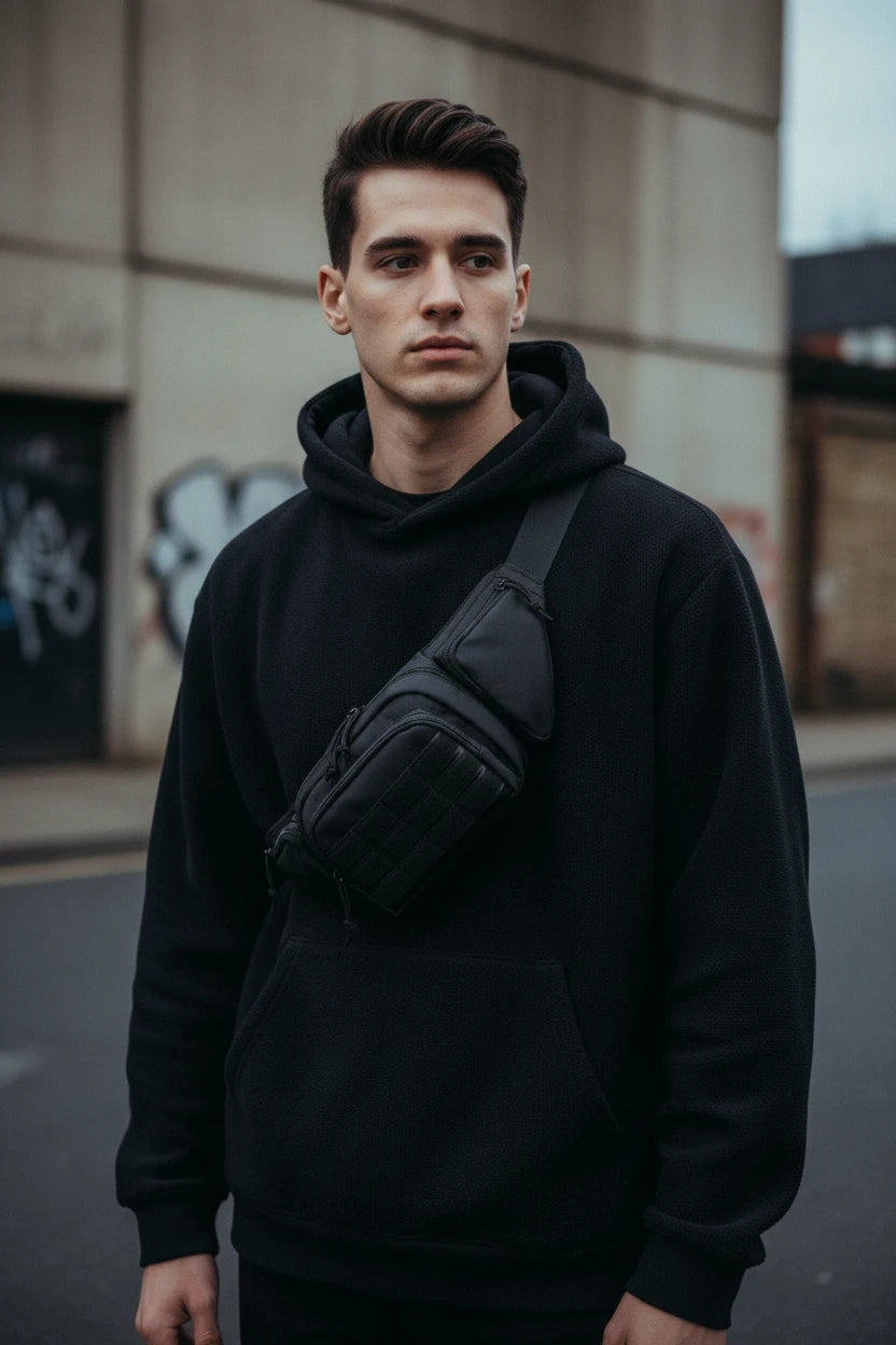 Nylon utility waist bag from Urban Fashion & Streetwear, featuring a sleek design, adjustable strap, and multiple compartments.