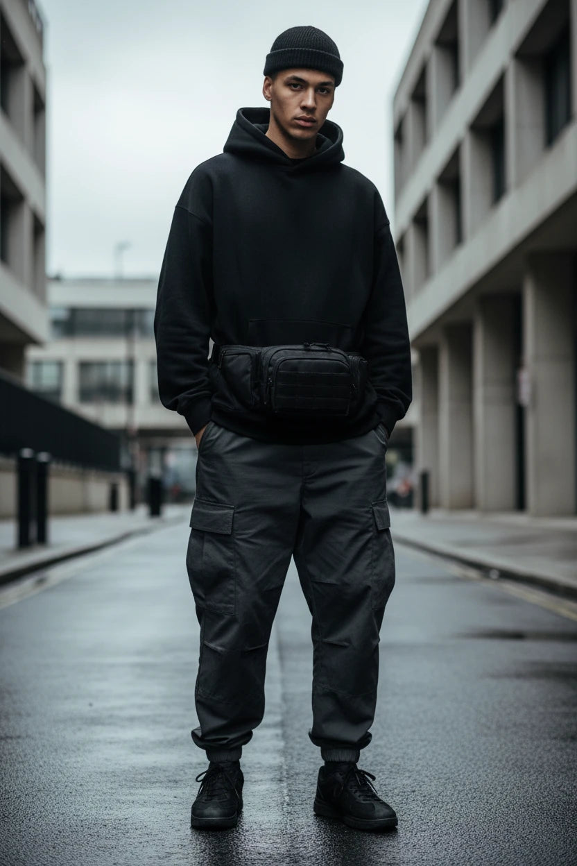 Minimal utility nylon waist bag from Urban Fashion & Streetwear, featuring a sleek, compact design for streetwear and casual wear.