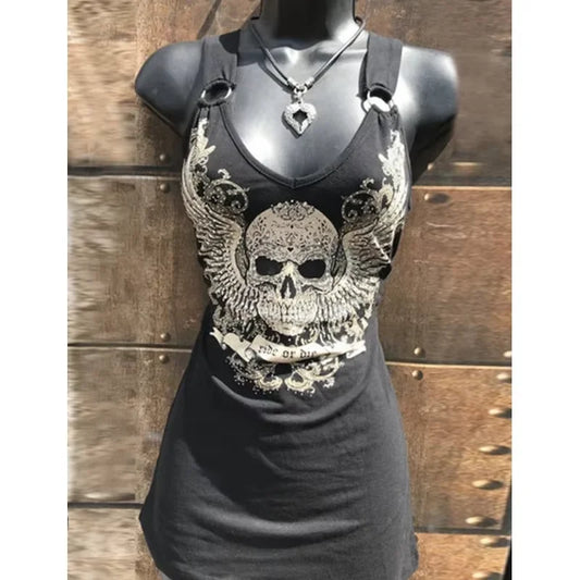 Women's Urban Punk Round Neck Long Slim Fit Skull Top