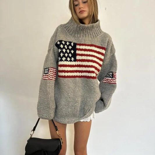 Flag Design Knit Casual Loose Round Neck Sweater