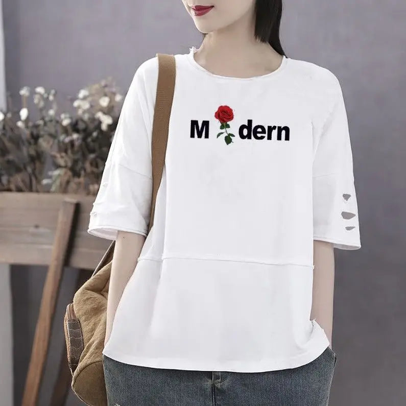 Women's 100% Cotton Large Size Korean Half Sleeved Loose T-shirt - Premium T-Shirt from Craftklart Dropship - Just $17.05! Shop now at Craftklart.store