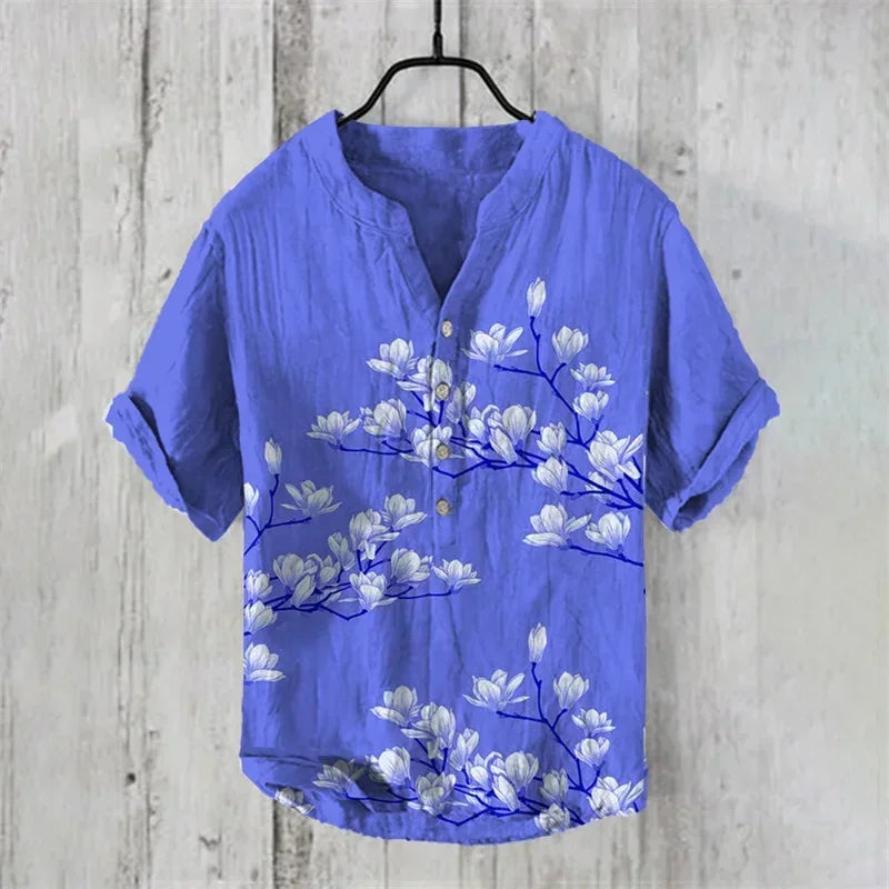 Men's casual Hawaiian linen short sleeve shirt with V-neck, crafted by Craftklart, featuring lightweight, breathable fabric.