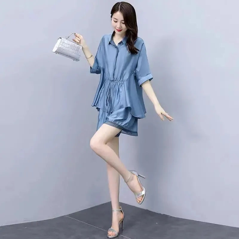 Women's Thin Large Size Denim Blue 2024 Summer New Set Female - Premium Shirts & Tops from Craftklart Dropship - Just $17.23! Shop now at Craftklart.store