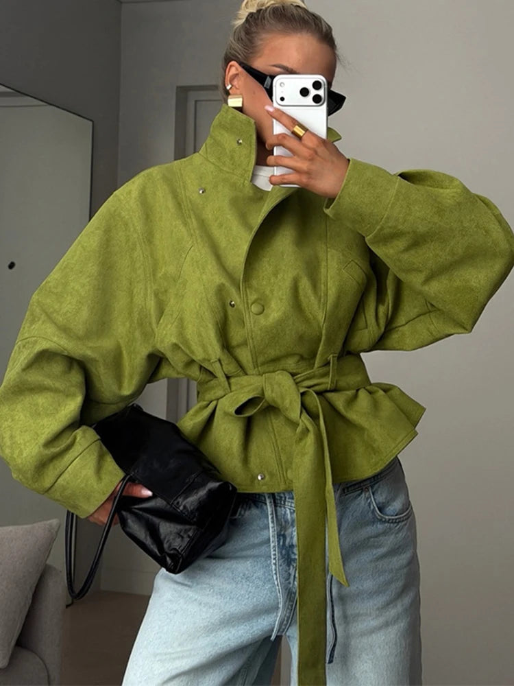 Craftklart oversized belted puff sleeve women's streetwear jacket, stylish coat with a relaxed fit and statement sleeves.