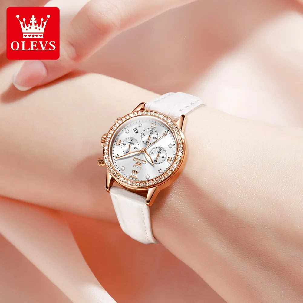 Women's Diamond Quartz Waterproof Luminous  Leather Strap Wristwatch