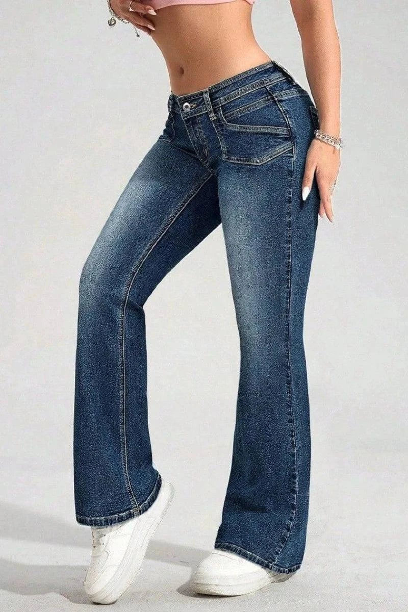 Woman wearing low waist flare stretch denim jeans by Craftklart Dropship, showcasing the fitted waist and flared leg style.