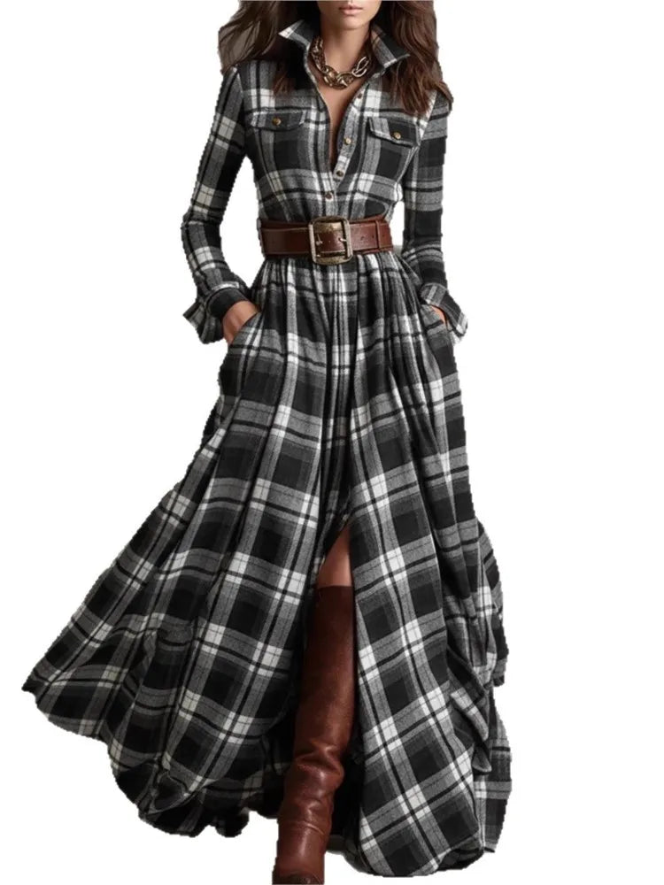 Woman's Urban Checkered Print Long Dress | Minimalist Streetwear | Craftklart