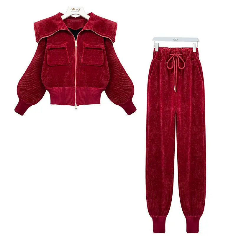 Corduroy Polo Neck Slim Coat High Waist Casual Pants Two Piece Set - Premium Set from Craftklart Dropship - Just $33.66! Shop now at Craftklart.store