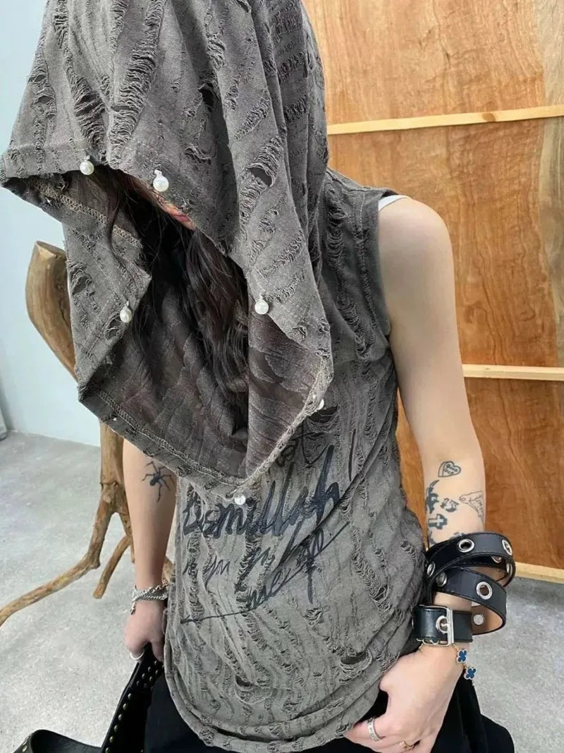 Y2K Streetwear Loose Retro Sleeveless Hooded T-shirt - Premium Hoodie from Craftklart Dropship - Just $24.39! Shop now at Craftklart.store