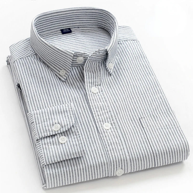 New 100% Cotton Oxford Shirt Men's Long Sleeve Striped Plaid Casual Shirts Korean Clothes High Quality Business Dress Shirt Grey - Premium  from Craftklart.store - Just $14.56! Shop now at Craftklart.store