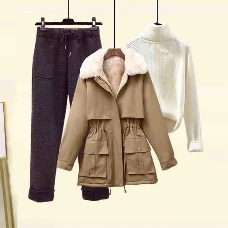 Vintage Parka High Neck Knitted Sweater Flocked Trousers Set - Premium Set from Craftklart.store - Just $18.46! Shop now at Craftklart.store