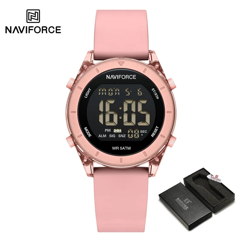 Women's digital sport watch with silicone strap, urban fashion style, digital display, and sleek design for activewear.