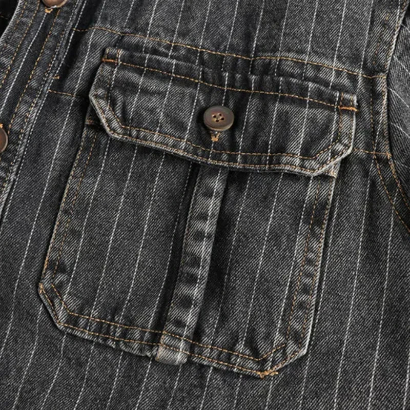 Heavy Urban Men's British Black Grey Striped Denim Shirt