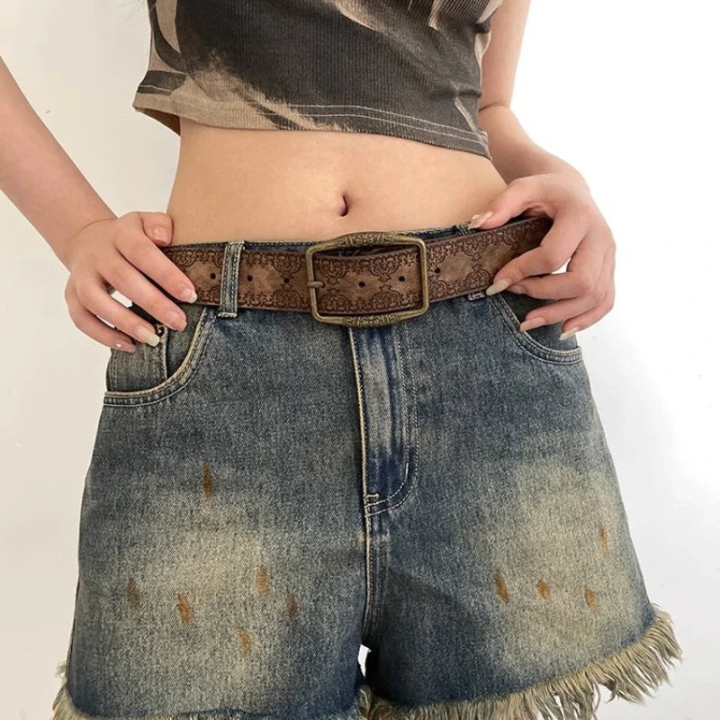 Pattern Print Buckle Pin Waist Belt Female Pu Leather